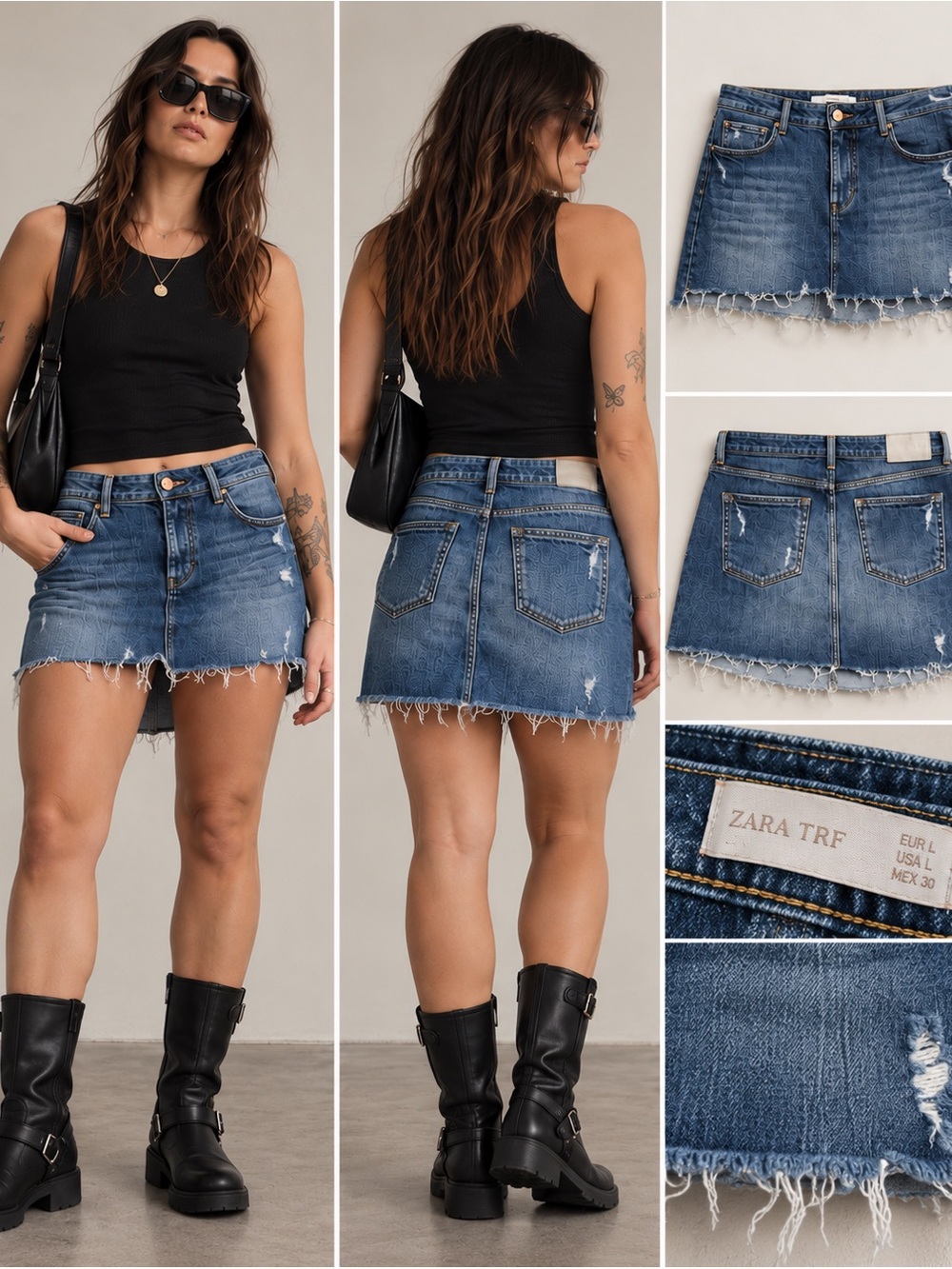 Zara TRF Y2K Distressed Denim Micro Mini Skirt Raw Hem L
